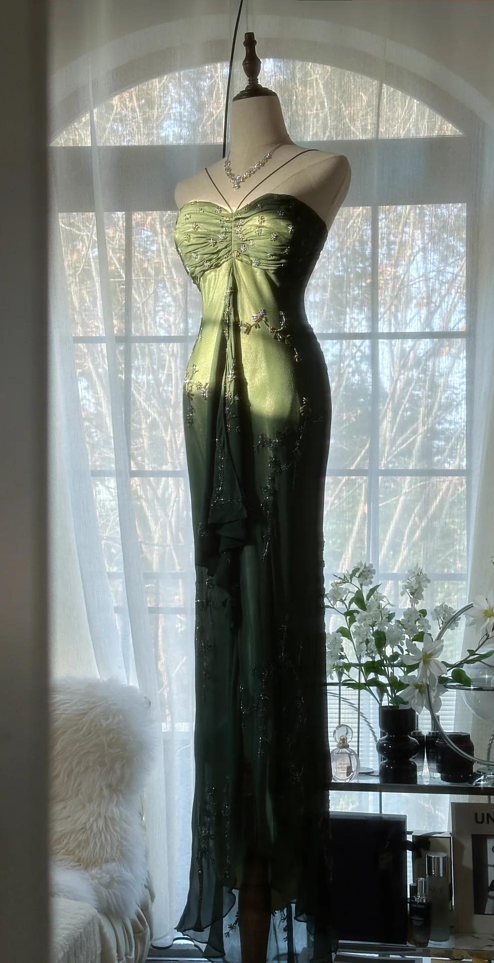 Forest Green Spaghetti Straps Long Prom Dresses Glitter Chiffon Beaded Elegant Party Dresses HZ1024