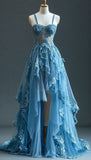 Fairytale A-line Hi-Lo Prom Dress for Masquerade ?Tulle&Lace Applique Spaghetti Strap Evening Dress HZ1024