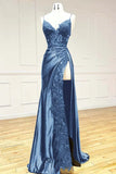 Black Spaghetti Straps Evening Dresses Satin Sheath Long Prom Dresses with Slits HZ1024