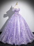 A-Line Off Shoulder Tulle Lace Purple Long Prom Dress, Purple Long Formal Dress HZ1024