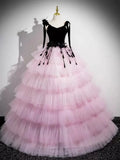 V Neck Pink Tulle Long Prom Dress, Pink Long Formal Dress HZ1024