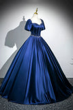 Satin Long A-Line Prom Dress with Pearls, Elegant Short Sleeve Evening Party Dress HZ1024