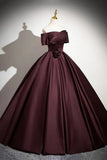 Satin Long Prom Dress, Burgundy Off-the-Shoulder Formal Dress HZ1024