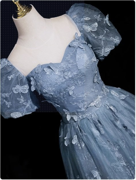 Evening Dress under $180||Fairytale?? A-Line Puff Sleeves Tulle Lace Gray BlueSweet Long Prom Dress for Birthday HZ1024