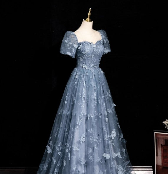 Evening Dress under $180||Fairytale?? A-Line Puff Sleeves Tulle Lace Gray BlueSweet Long Prom Dress for Birthday HZ1024