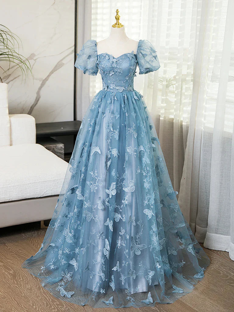 Evening Dress under $180||Fairytale?? A-Line Puff Sleeves Tulle Lace Gray BlueSweet Long Prom Dress for Birthday HZ1024