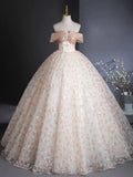 Off Shoulder Tulle Lace Champagne Long Prom Dress, Champagne Formal Dress HZ1024