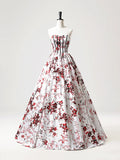 Strapless White Floral Satin Long Prom Dress, Sweetheart Neck Formal Party Dress HZ1024