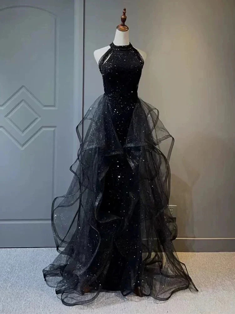 A-Line Halter Sparkly Sequins Long Prom Dresses Navy Blue Evening Dresses HZ1024