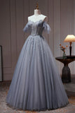 Tulle Dusty Blue Long Prom Dress, Dusty Blue Formal Dress HZ1024