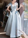 A-Line V Neck Satin Beads Long Prom Dress, Blue Evening Dress HZ1024