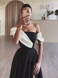 A-Line Satin Off Shoulder Long Prom Dress, Black Long Formal Dress HZ1024