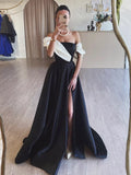 A-Line Satin Off Shoulder Long Prom Dress, Black Long Formal Dress HZ1024