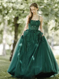 Green A-Line Tulle Lace Backless Long Prom Dress, Green Long Evening Dress HZ1024