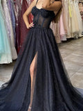 tulle sequin long prom dress, black tulle evening dress HZ1024