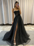 tulle sequin long prom dress, black tulle evening dress HZ1024