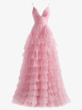 Pink A-Line Tiered Spaghetti Straps Tulle Prom Dress,Light Pink Sweet 16 Dress HZ1024