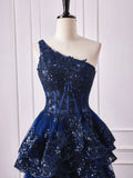 Shoulder Dark Navy Blue Long Lace Prom Dresses, One Shoulder Dark Navy Blue Lace Formal Dresses HZ1024
