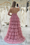 A Line Spaghetti Straps Printed Tulle Prom Dress with Ruffles HZ1024