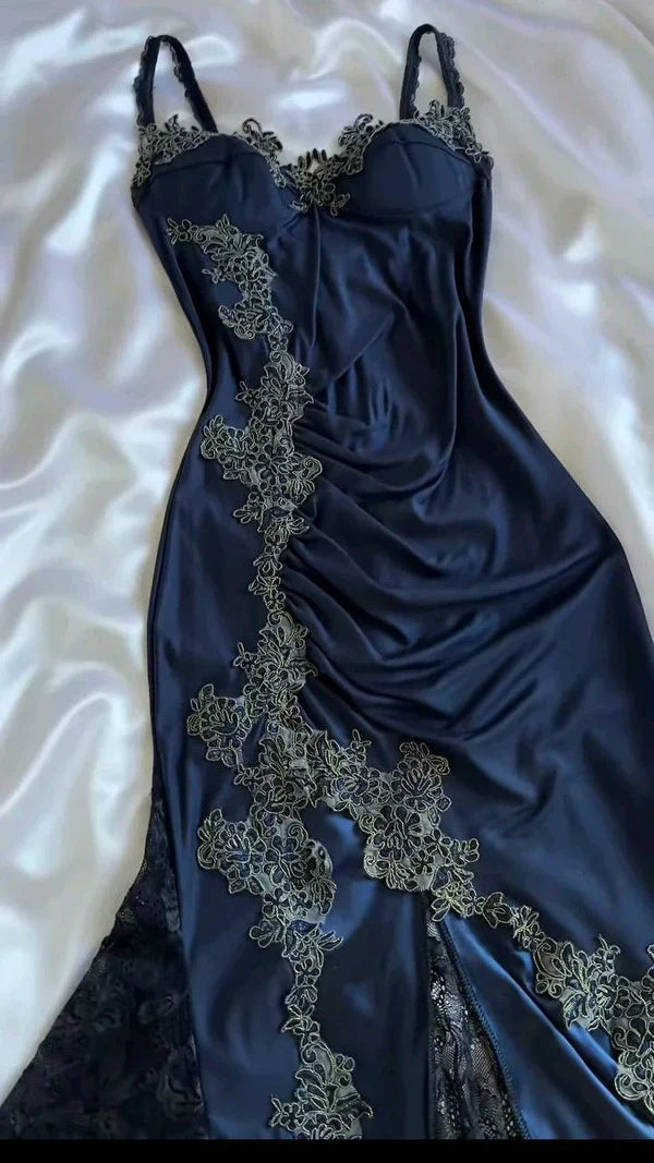 Navy Blue Spaghetti Straps Mermaid Satin Appliques Prom Dresses Party Dresses HZ1024