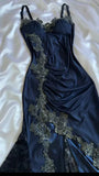 Navy Blue Spaghetti Straps Mermaid Satin Appliques Prom Dresses Party Dresses HZ1024
