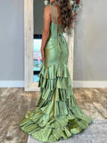 Sage V Neck Satin Long Prom Dress With Ruffle Skirt HZ1024