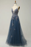 A-line Spaghetti Strap Tulle Long Prom Dress Applique V-neck Party Dress HZ1024