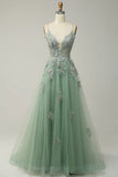 A-line Spaghetti Strap Tulle Long Prom Dress Applique V-neck Party Dress HZ1024