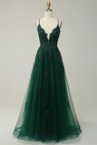 A-line Spaghetti Strap Tulle Long Prom Dress Applique V-neck Party Dress HZ1024