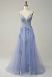 A-line Spaghetti Strap Tulle Long Prom Dress Applique V-neck Party Dress HZ1024