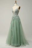 A-line Spaghetti Strap Tulle Long Prom Dress Applique V-neck Party Dress HZ1024