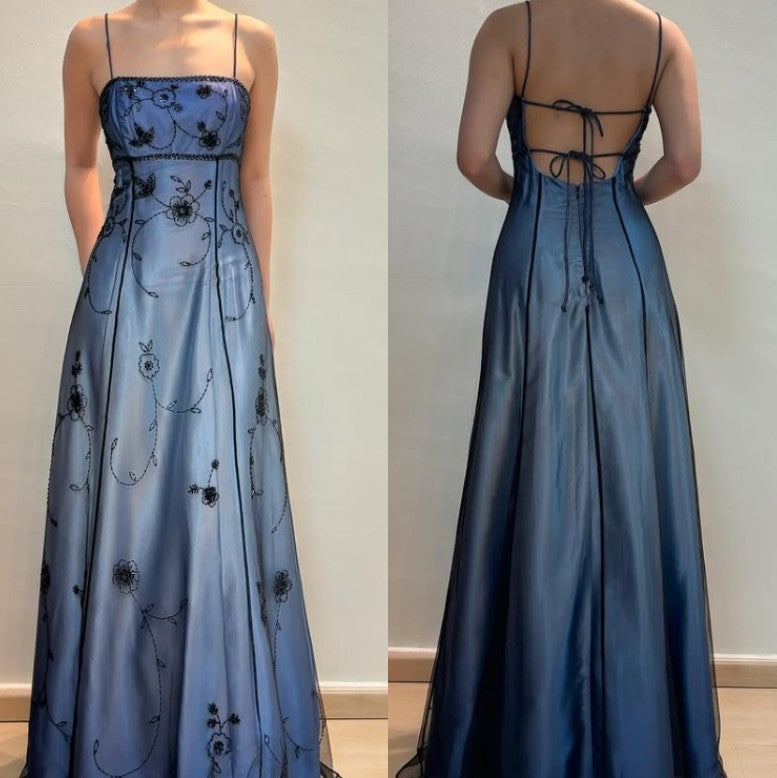 Blue Gradient Empire Prom Dresses Backless Romantic Beaded Evening Dresses Guest Dresses HZ1024