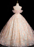A-line Spaghetti Straps Lace Tulle Flowers Sweetheart Long Prom Dress, Pink Off Shoulder Sweet 16 Dress HZ1024