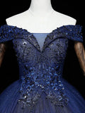 Blue A-Line Tulle Beading Off Shoulder Party Dress, Navy Blue Lace Applique Sequin Prom Dress HZ1024