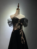 A-line Off Shoulder Tulle Velvet Long Prom Dress,Sequin Formal Evening Dress HZ1024