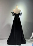 A-line Off Shoulder Tulle Velvet Long Prom Dress,Sequin Formal Evening Dress HZ1024