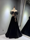A-line Off Shoulder Tulle Velvet Long Prom Dress,Sequin Formal Evening Dress HZ1024