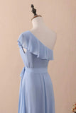A-Line One-Shoulder Ruffled Chiffon Long Bridesmaid Dress Prom Dress HZ1024