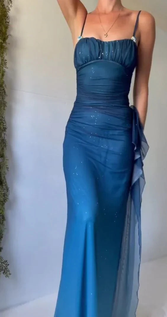 Gradient Blue Mermaid Gown for Party&Quinceanera- Spaghetti Straps Glitter Chiffon Long Prom&Evening Dress HZ1024