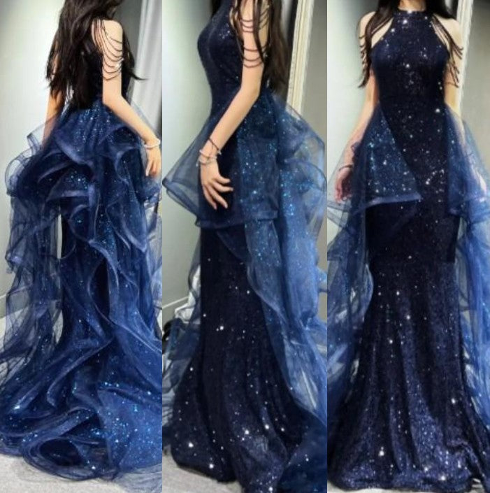A-Line Halter Sparkly Sequins Long Prom Dresses Navy Blue Evening Dresses HZ1024