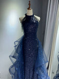 A-Line Halter Sparkly Sequins Long Prom Dresses Navy Blue Evening Dresses HZ1024