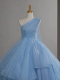 One Shoulder Tulle Blue Long Prom Dress, Blue Long Evening Dress HZ1024