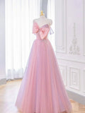 A-line Pink Tulle Long Prom Dress with Bow, Pink Formal Dresses HZ1024