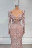 Pink V-neck Lace Mermaid Prom Dress Evening Gowns With Long Sleeves HZ1024