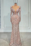 Pink V-neck Lace Mermaid Prom Dress Evening Gowns With Long Sleeves HZ1024