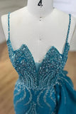 Blue Elegant Mermaid Spaghetti Strap Tulle Beading Long Prom Dress HZ1024
