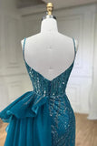 Blue Elegant Mermaid Spaghetti Strap Tulle Beading Long Prom Dress HZ1024