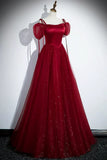 A-Line Satin Tulle Floor Length Prom Dress, Off Shoulder Formal Evening Dress HZ1024