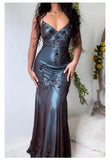 Evening Dresses ?? Blue Satin Spaghetti Straps Coffee Chiffon Long Prom Dresses with Beading HZ1024