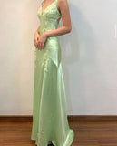 A-Line Evening Dress Satin Spaghetti Straps Green Vintage Backless Long Prom Dresses HZ1024